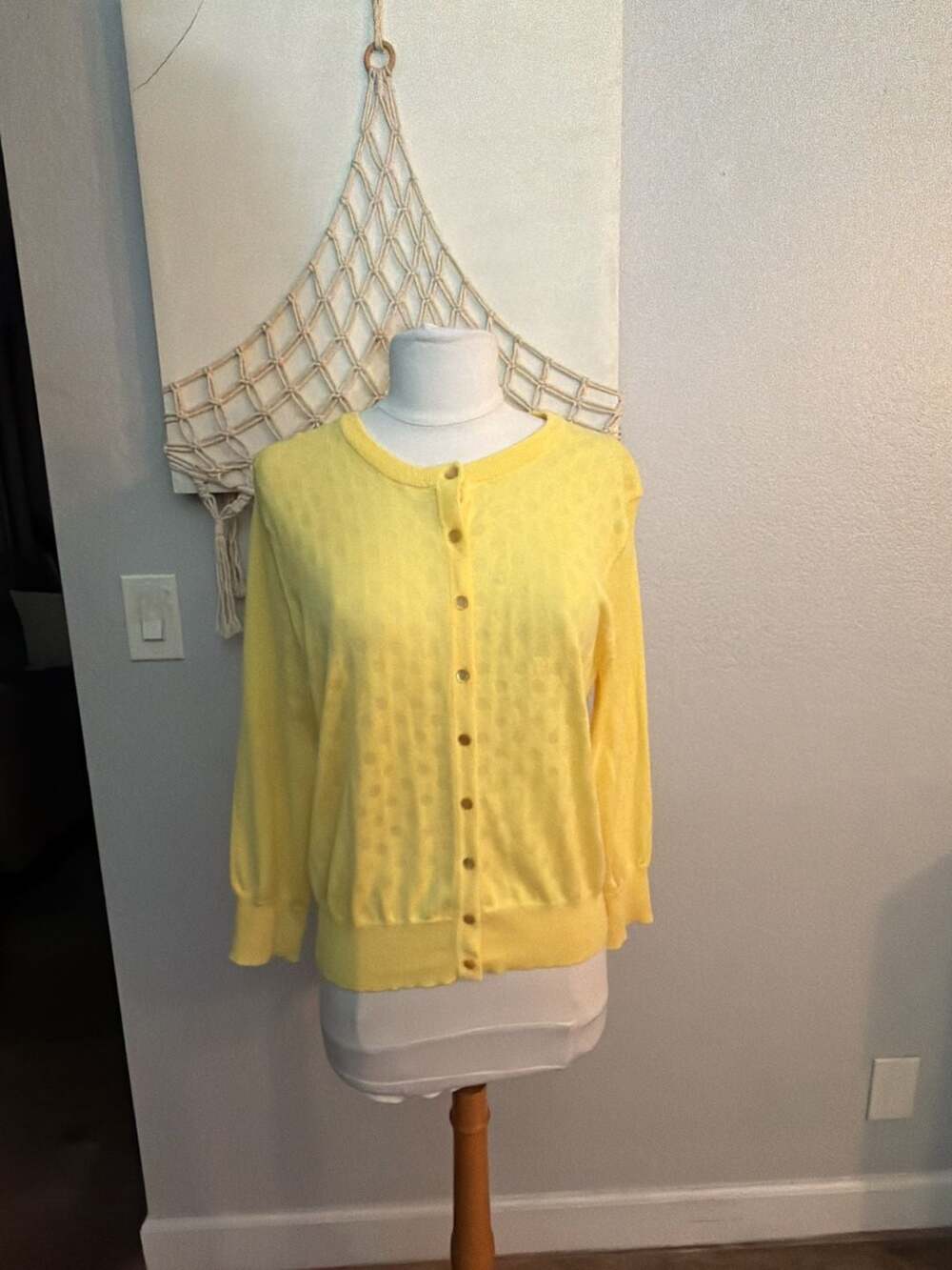 Spense Knits Yellow Polka Dot Pattern Crew Neck Cardigan